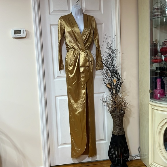 Gold Maxi Dress with Deep V-Neckline - Picture 2 of 9